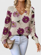 Women's Floral Button Cardigan – V-Neck Flower Pattern Knit Cardigan