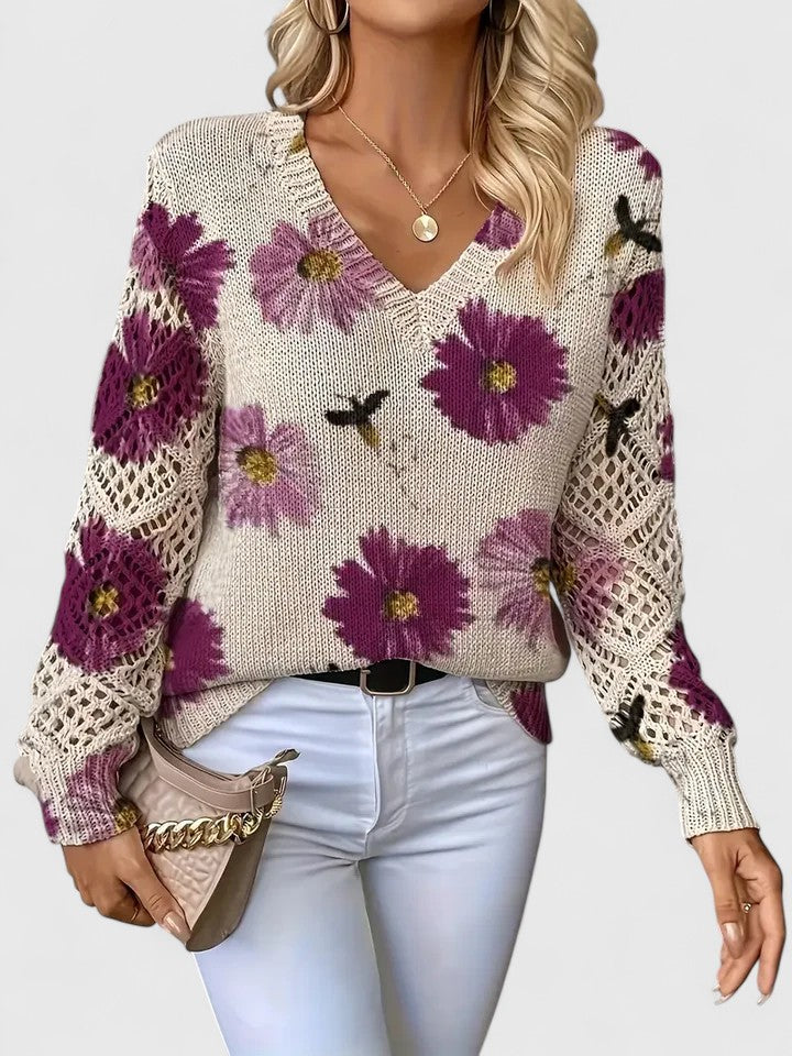 Women's Floral Button Cardigan – V-Neck Flower Pattern Knit Cardigan