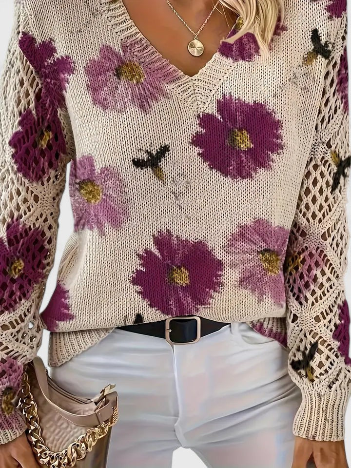 Women's Floral Button Cardigan – V-Neck Flower Pattern Knit Cardigan