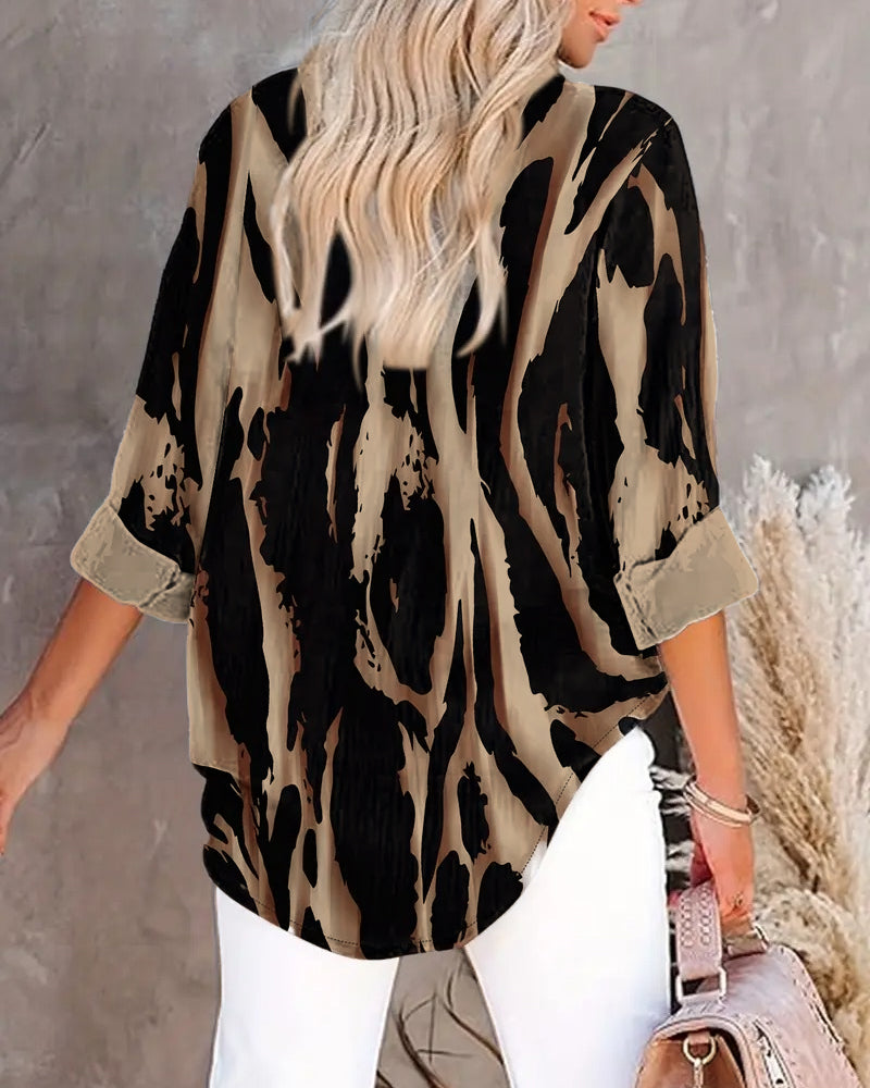 Women's Printed Stand Collar Blouse – Asymmetrical Long Sleeve Blouse