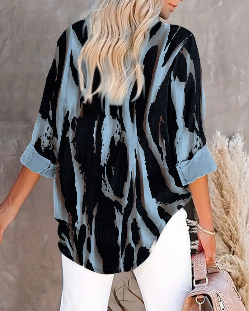 Women's Printed Stand Collar Blouse – Asymmetrical Long Sleeve Blouse