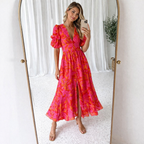 Women's Puff Sleeve Occasion Dress – V-Neck Maxi Dress