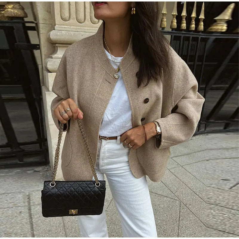 Women's Double-Breasted Winter Coat – Stand Collar Relaxed Coat