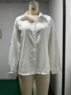 Women's Collared Blouse with Button Closure and Curved Hem