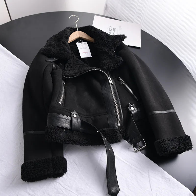 Women's Faux Shearling Jacket – Cropped Winter Aviator Jacket