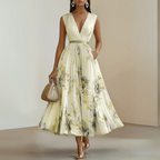 Women's Wedding Guest Floral Maxi Dress – Sleeveless Pleated Flowy Dress