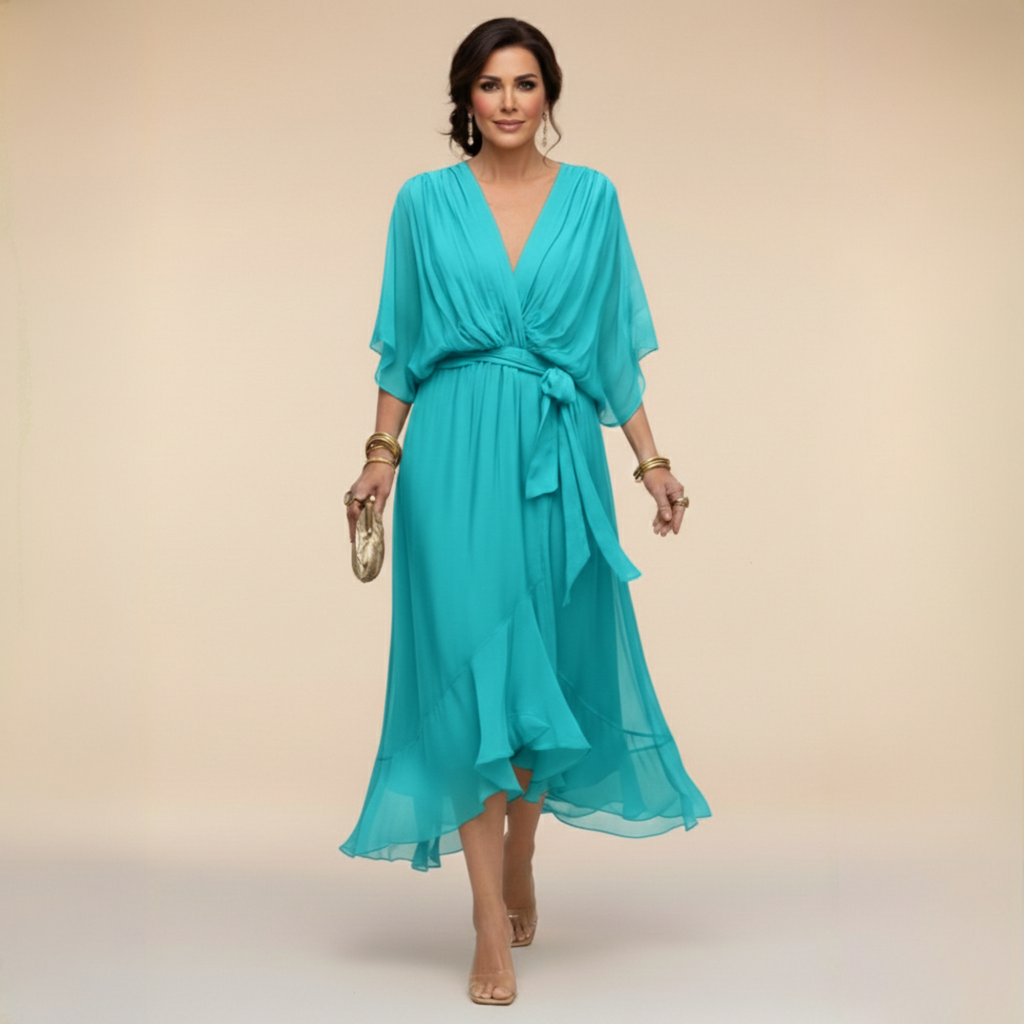 Women's V-Neck Chiffon Dress – Flowy Long Sleeve Occasion Dress