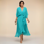 Women's V-Neck Chiffon Dress – Flowy Long Sleeve Occasion Dress
