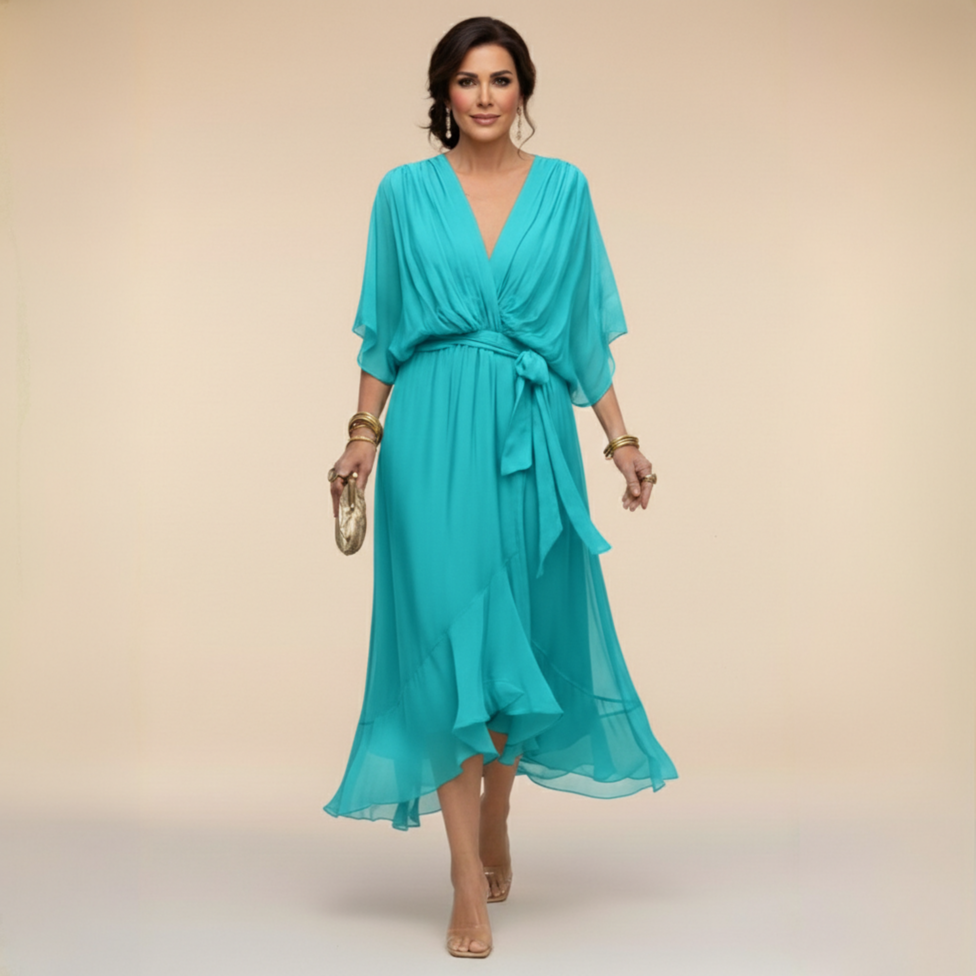 Women's V-Neck Chiffon Dress – Flowy Long Sleeve Occasion Dress