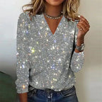 Women's Sparkle V-Neck Sweater – Sequin Detail Long Sleeve Knit Pullover