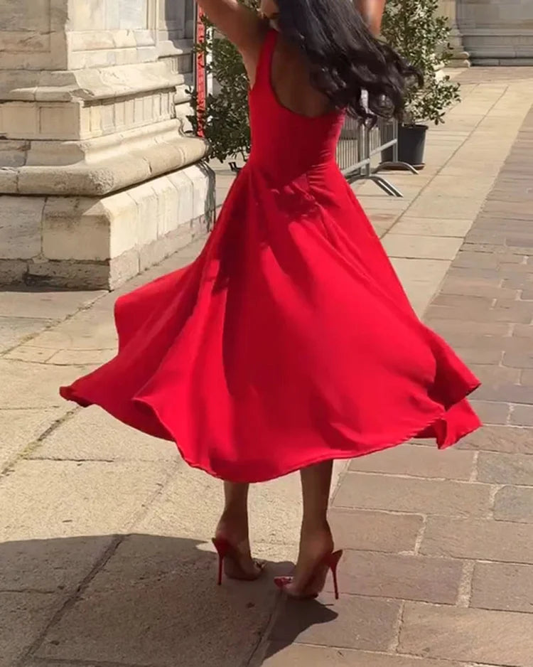 Women's Red Bodycon Midi Dress – Strappy Fitted Cocktail Dress