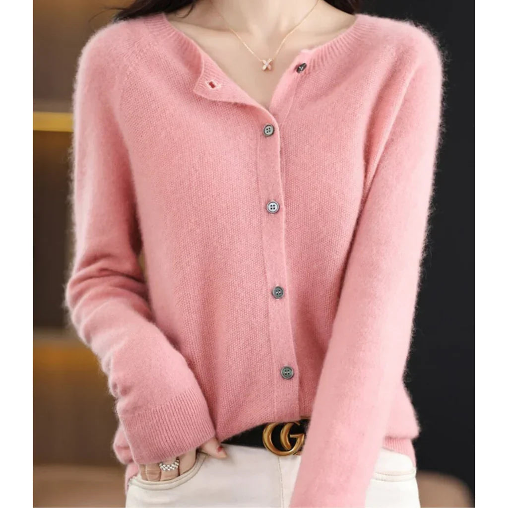 Women's Round Neck Cardigan – Classic Long Sleeve Button Cardigan