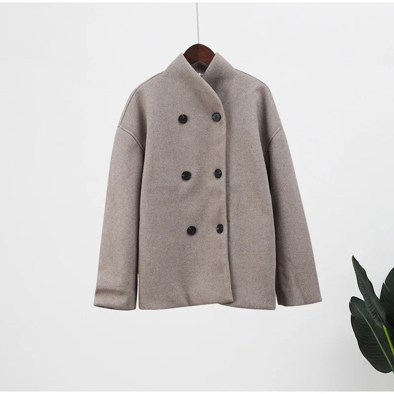 Women's Double-Breasted Winter Coat – Stand Collar Relaxed Coat