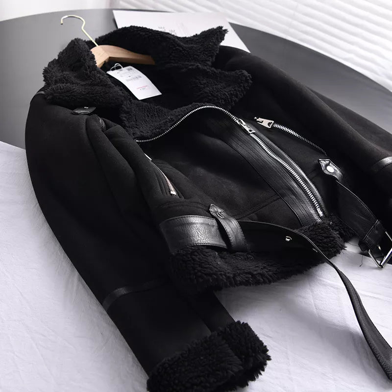 Women's Faux Shearling Jacket – Cropped Winter Aviator Jacket
