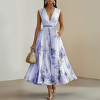 Women's Wedding Guest Floral Maxi Dress – Sleeveless Pleated Flowy Dress