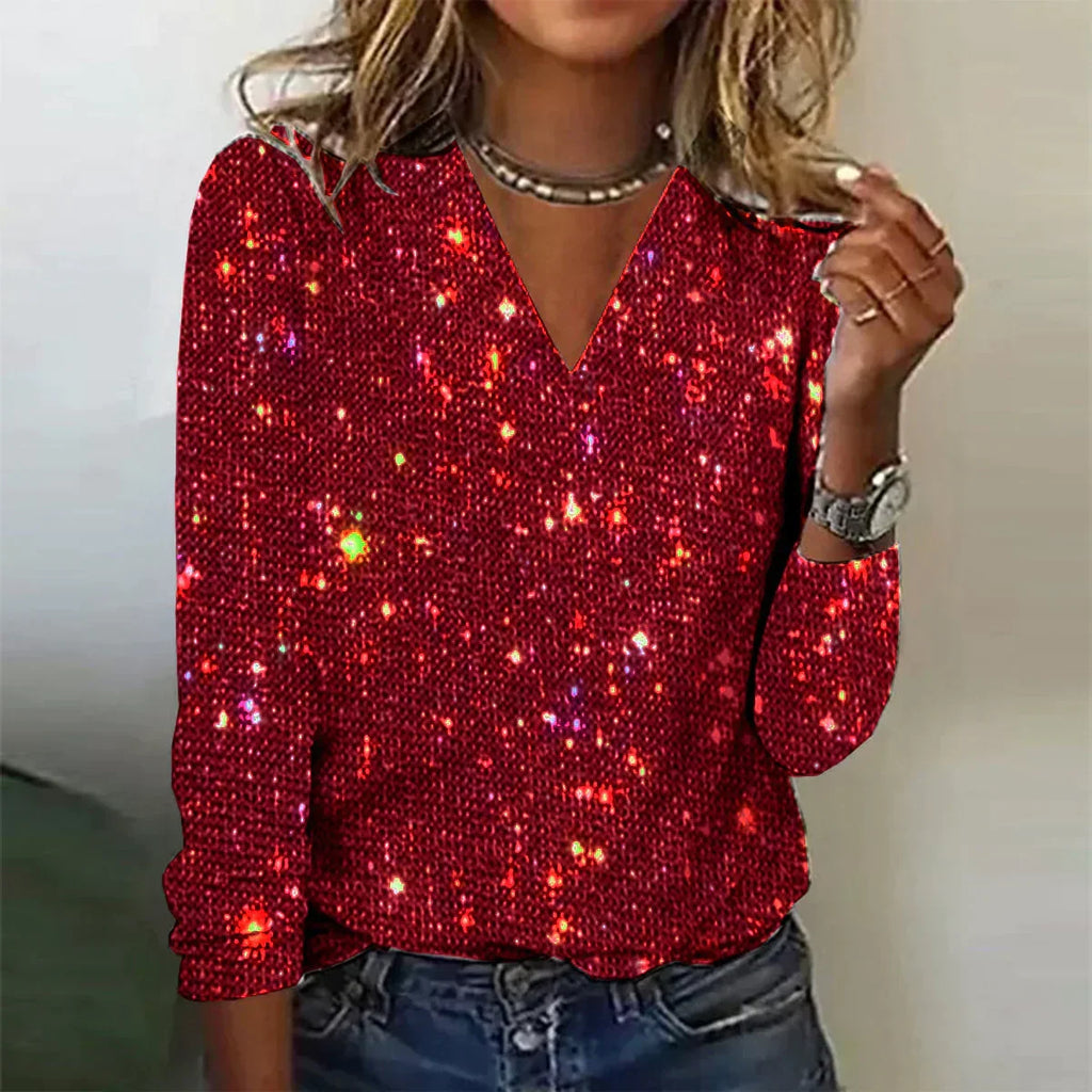 Women's Sparkle V-Neck Sweater – Sequin Detail Long Sleeve Knit Pullover
