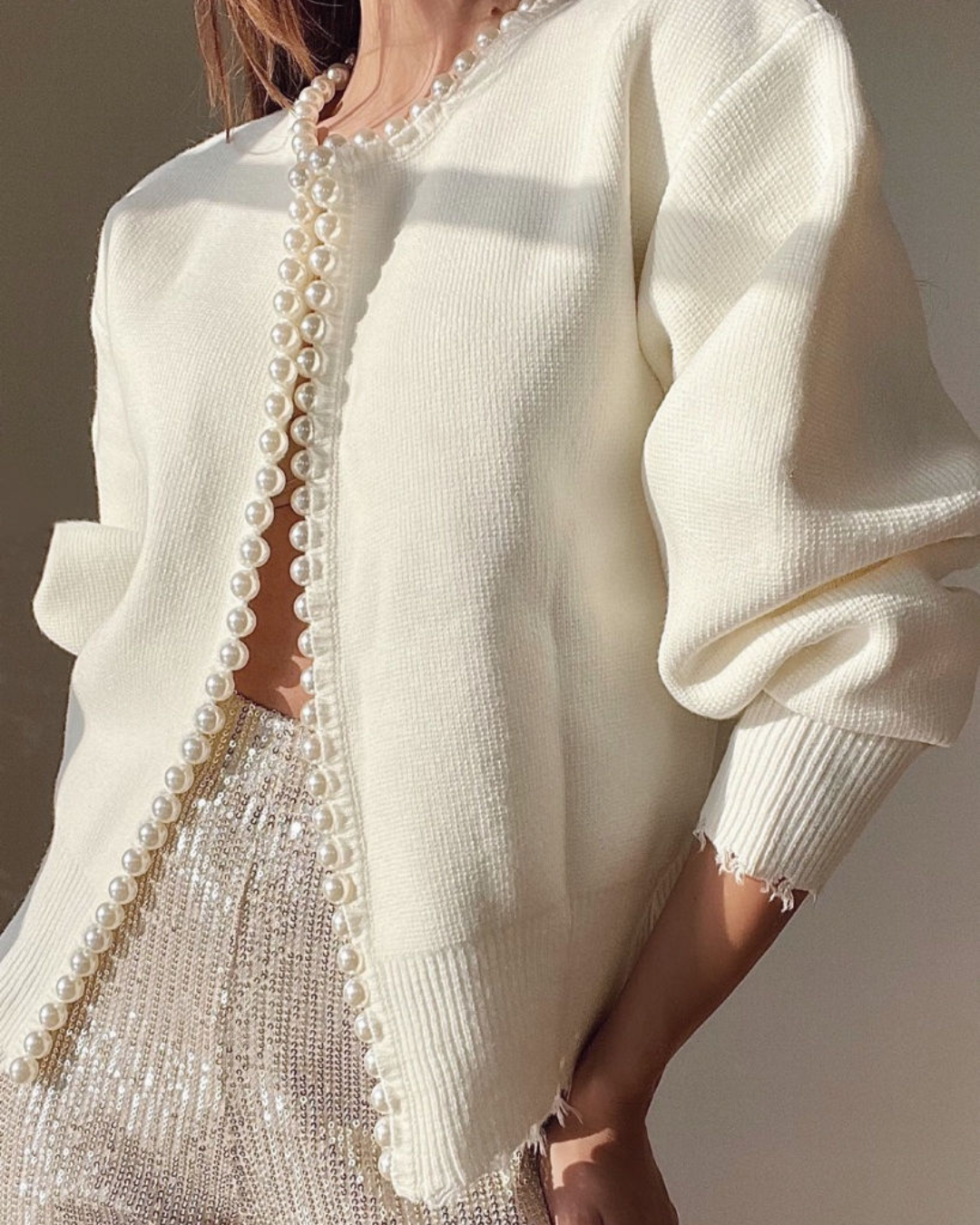 Women's Pearl Button Cardigan – V-Neck Pearl Embellished Cardigan