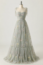 Women's Floral Embroidered Gown – Tulle A-Line Formal Evening Dress