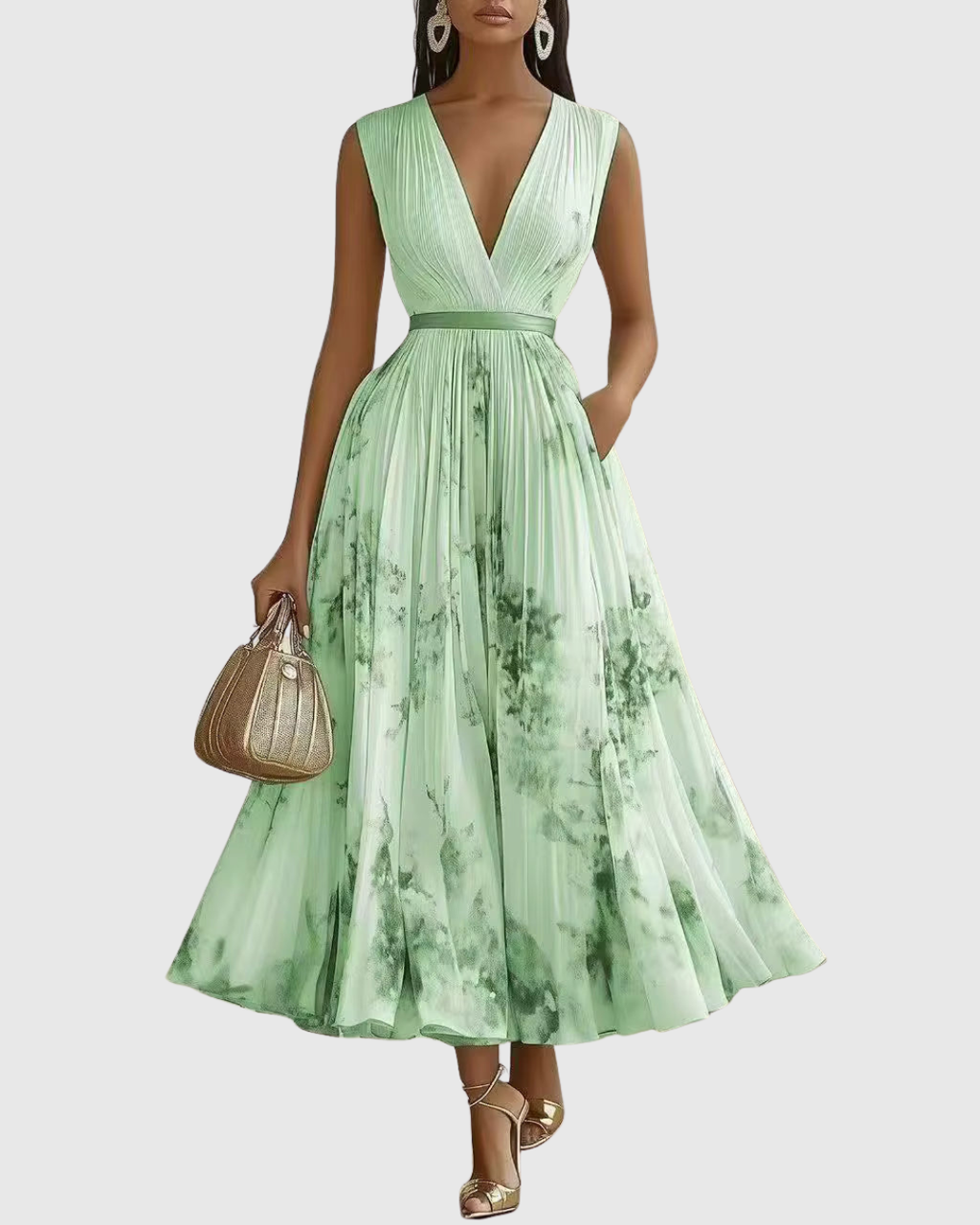 Women's Wedding Guest Pleated Midi Dress – Sleeveless Floral Occasion Dress