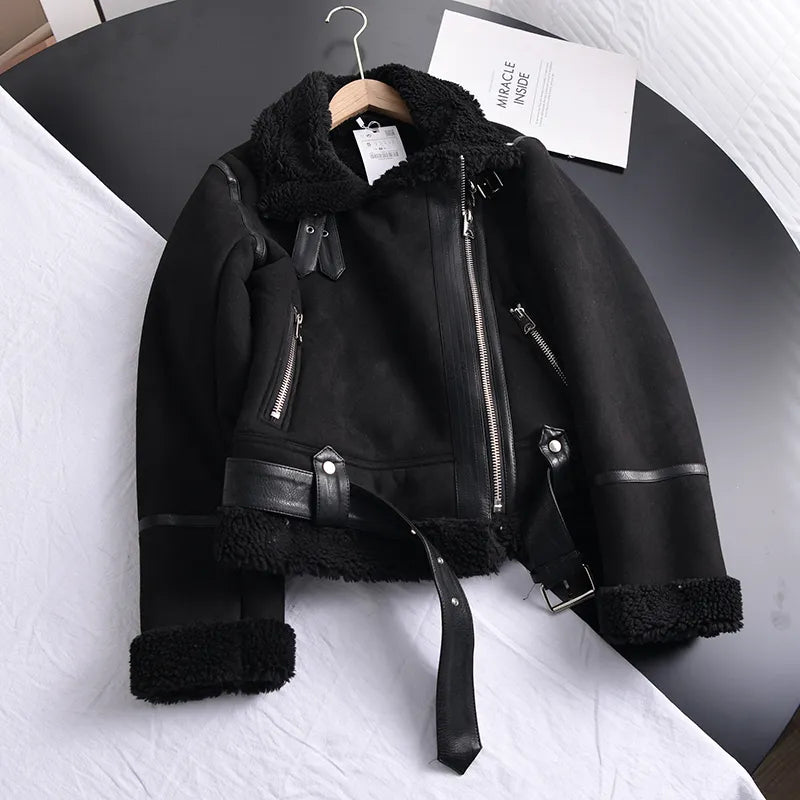 Women's Faux Shearling Jacket – Cropped Winter Aviator Jacket