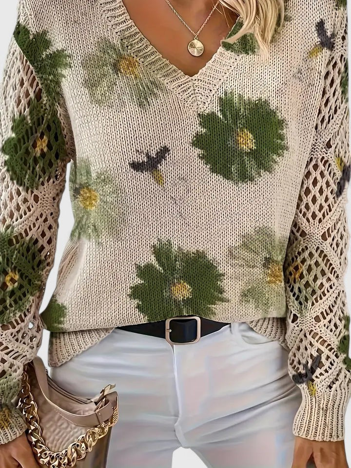 Women's Floral Button Cardigan – V-Neck Flower Pattern Knit Cardigan