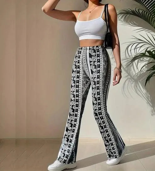 Women's Flared Print Pants – Elastic Waist Summer Casual Trousers