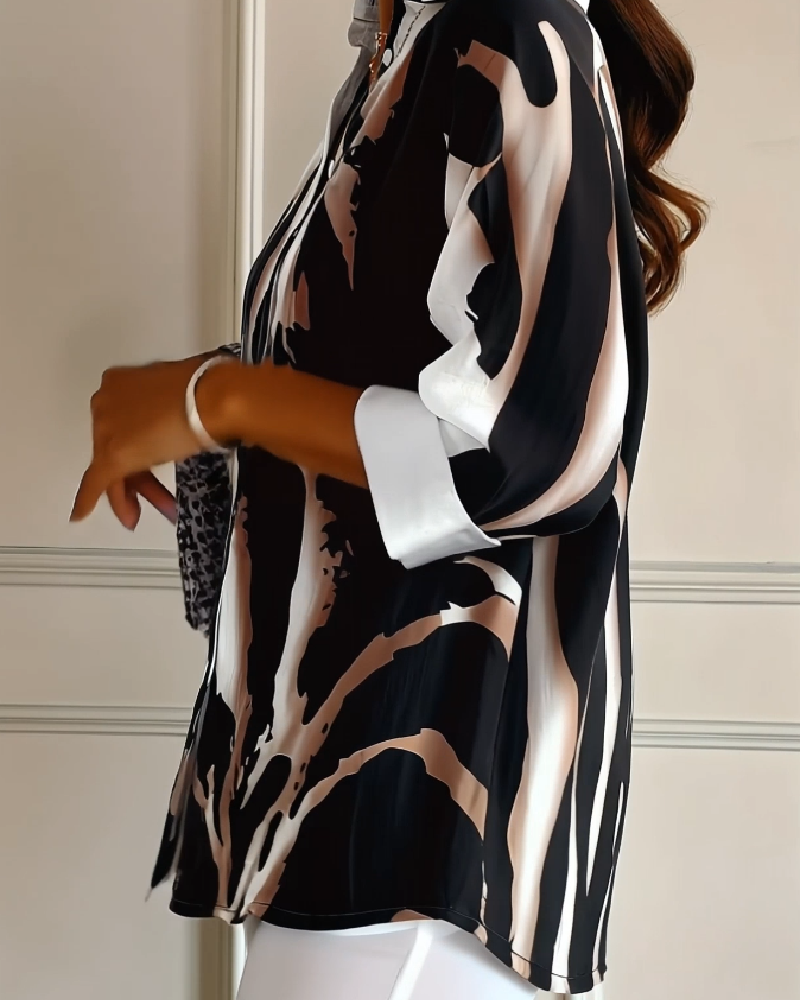 Women's Printed Stand Collar Blouse – Asymmetrical Long Sleeve Blouse