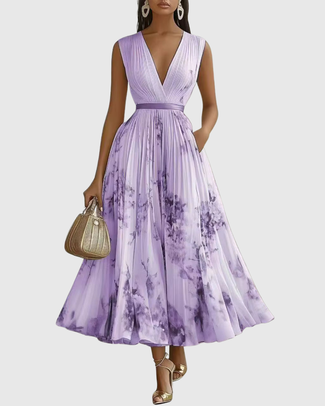 Women's Wedding Guest Pleated Midi Dress – Sleeveless Floral Occasion Dress