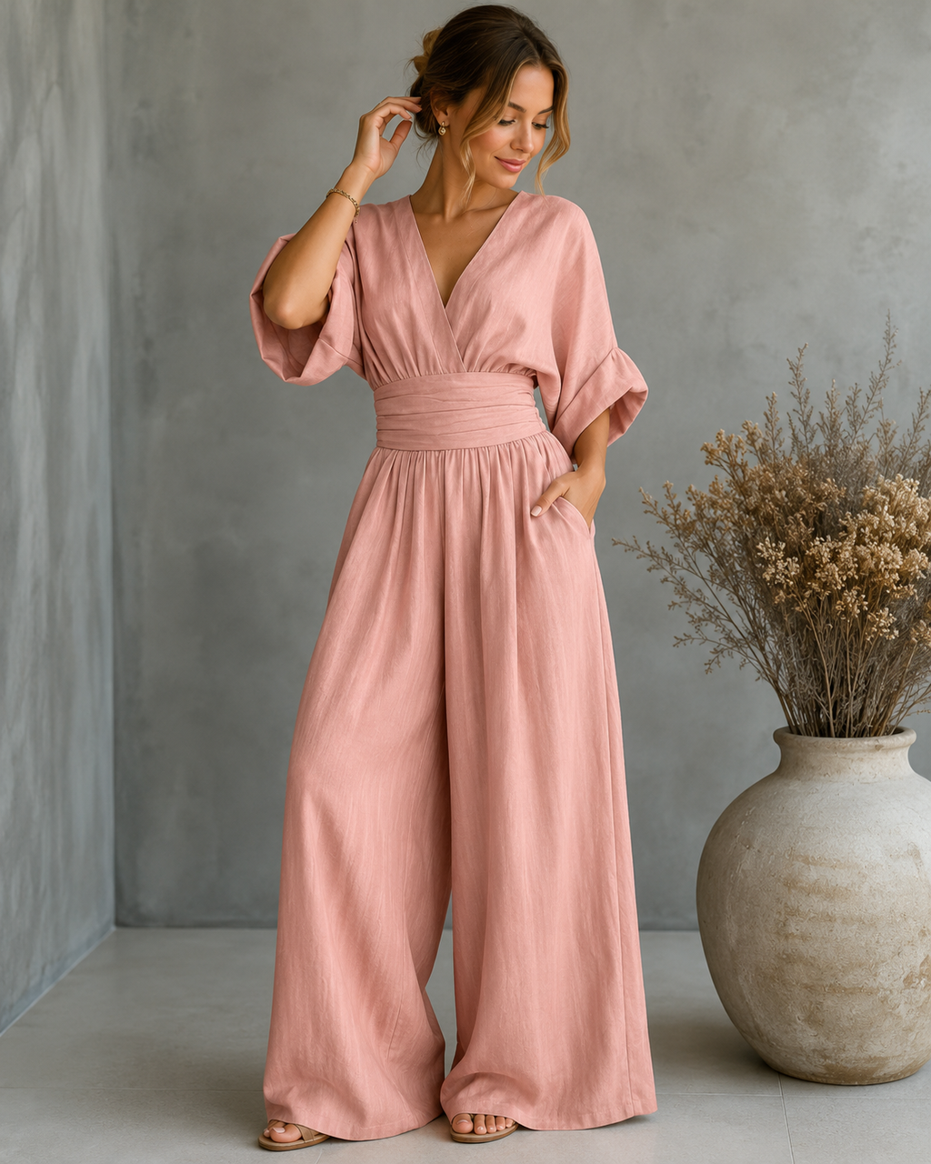 Women's V-Neck Wrap Wide Leg Jumpsuit – Cinched Waist Formal Occasion Jumpsuit