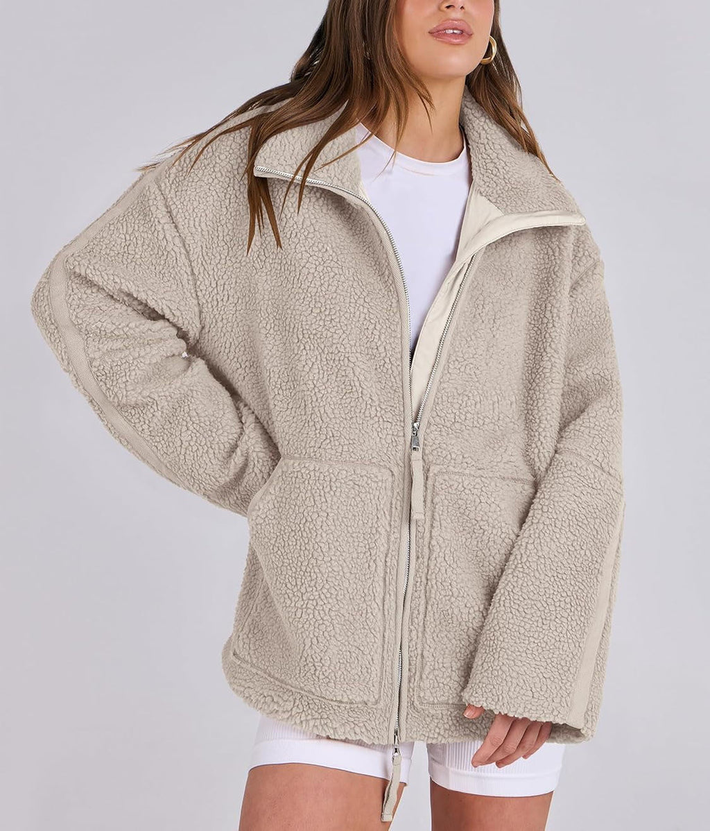 Women's Oversized Fleece Jacket – Zip-Up Long Sleeve Winter Jacket