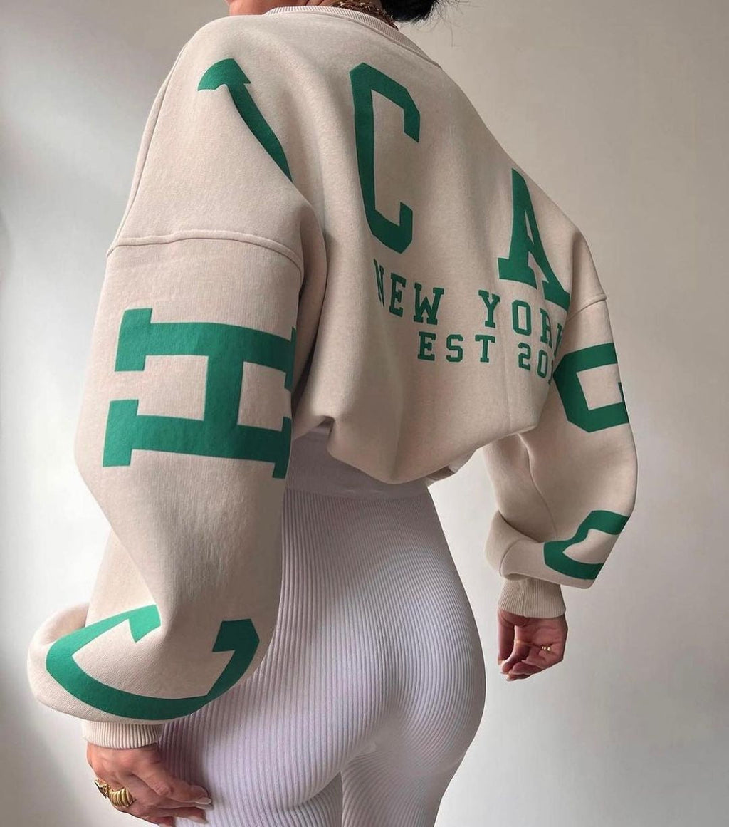 Women's Graphic Sleeve Sweater – Relaxed Crew Neck Pullover Sweater