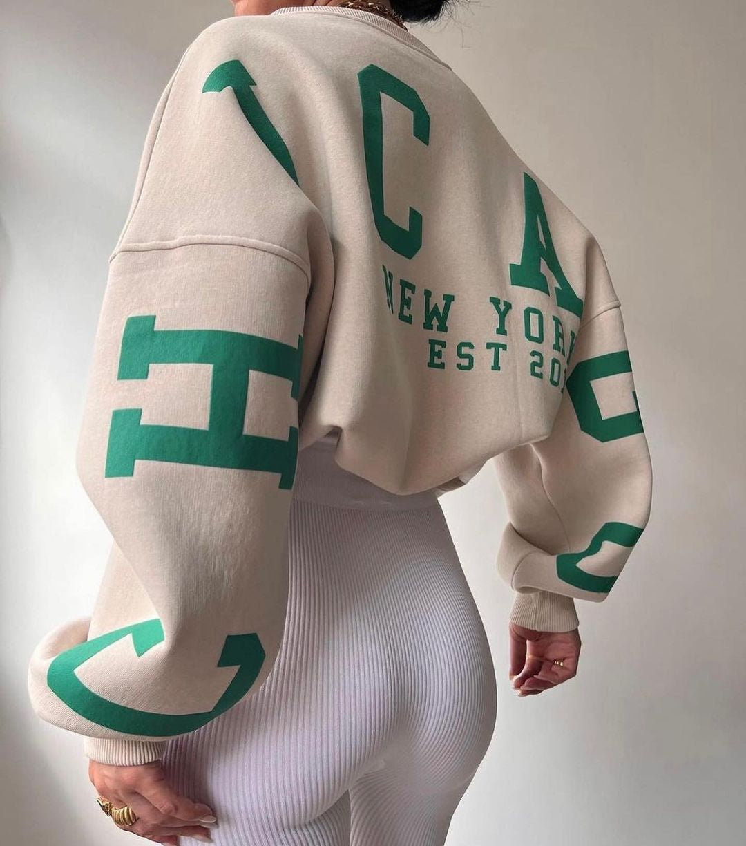 Women's Graphic Sleeve Sweater – Relaxed Crew Neck Pullover Sweater