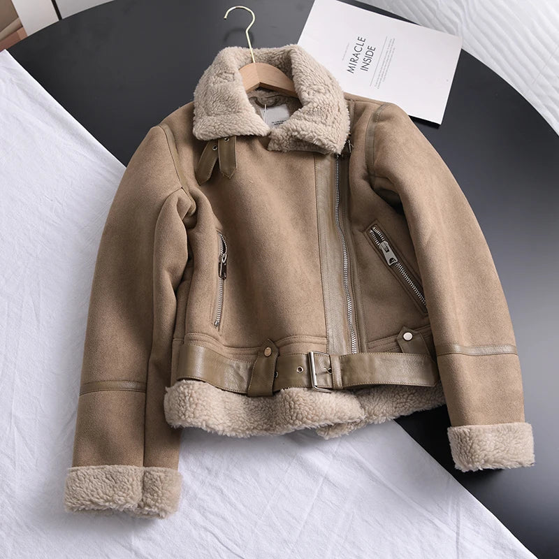 Women's Faux Shearling Jacket – Cropped Winter Aviator Jacket