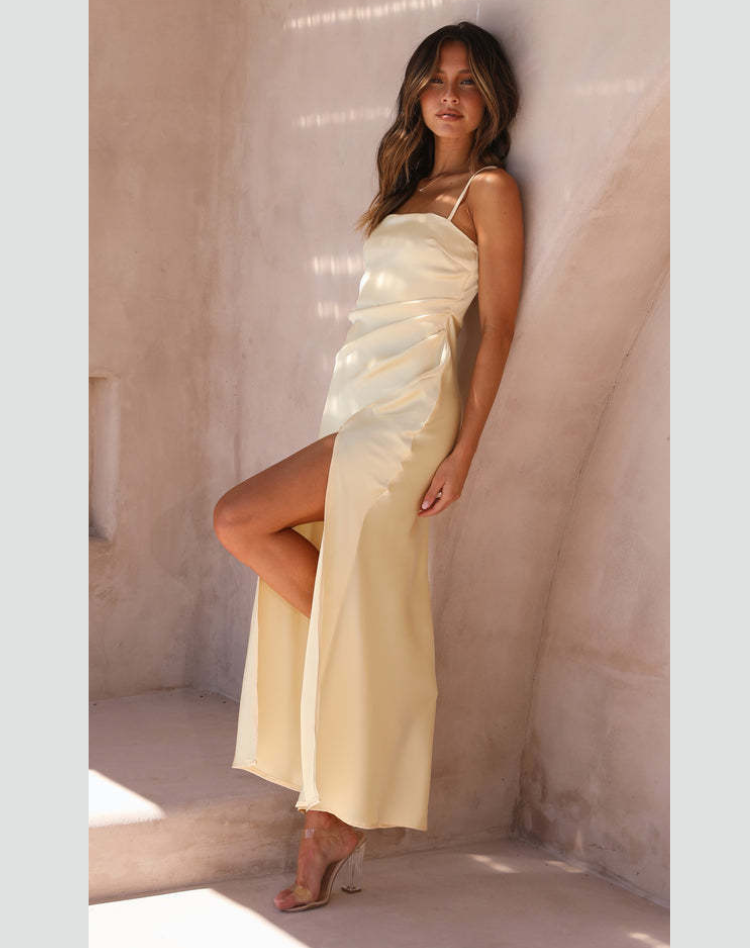 Women's Strappy Maxi Dress – Side Slit Fitted Evening Gown