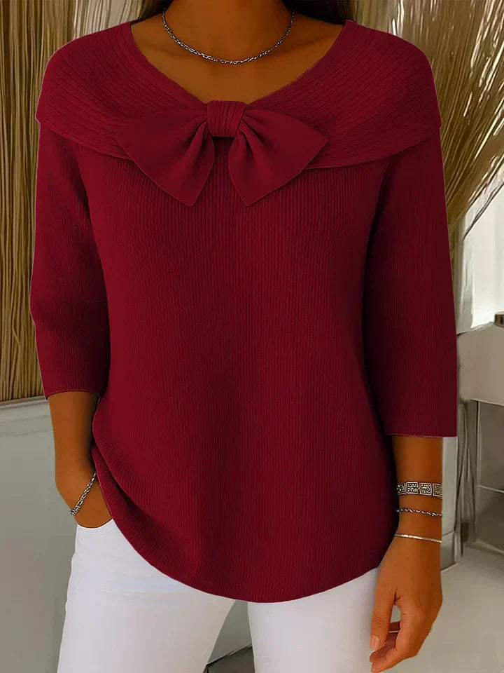 Women's Bow Detail Knit Top – Fitted Long Sleeve Dressy Top
