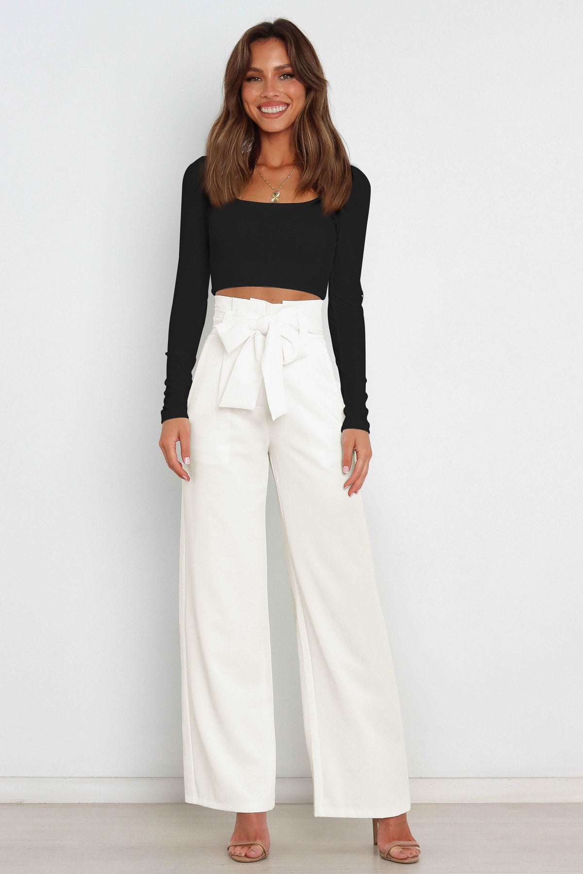 Women's Paperbag Waist Trousers – High Waist Bow Detail Wide Leg Pants