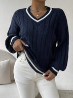 Women's Varsity Stripe Sweater – V-Neck Cable Knit Jumper