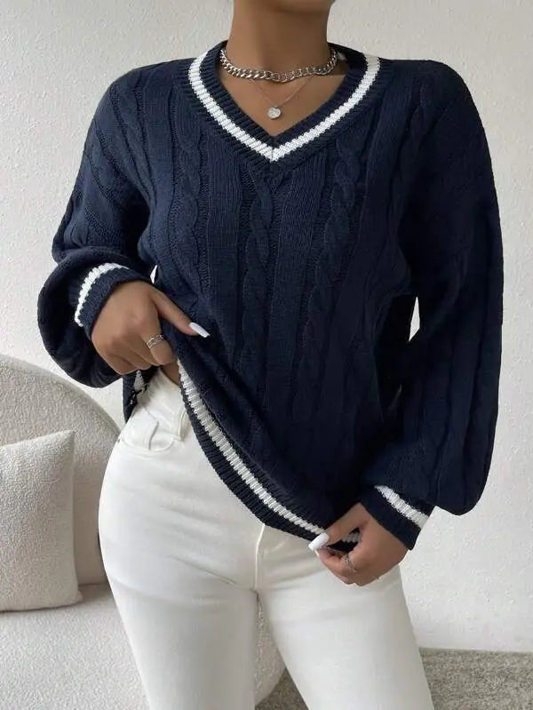 Women's Varsity Stripe Sweater – V-Neck Cable Knit Jumper
