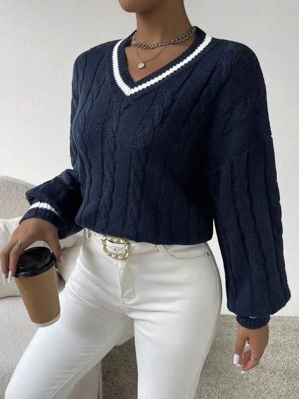 Women's Varsity Cable Sweater – Striped V-Neck Knit Pullover