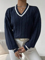 Women's Varsity Cable Sweater – Striped V-Neck Knit Pullover
