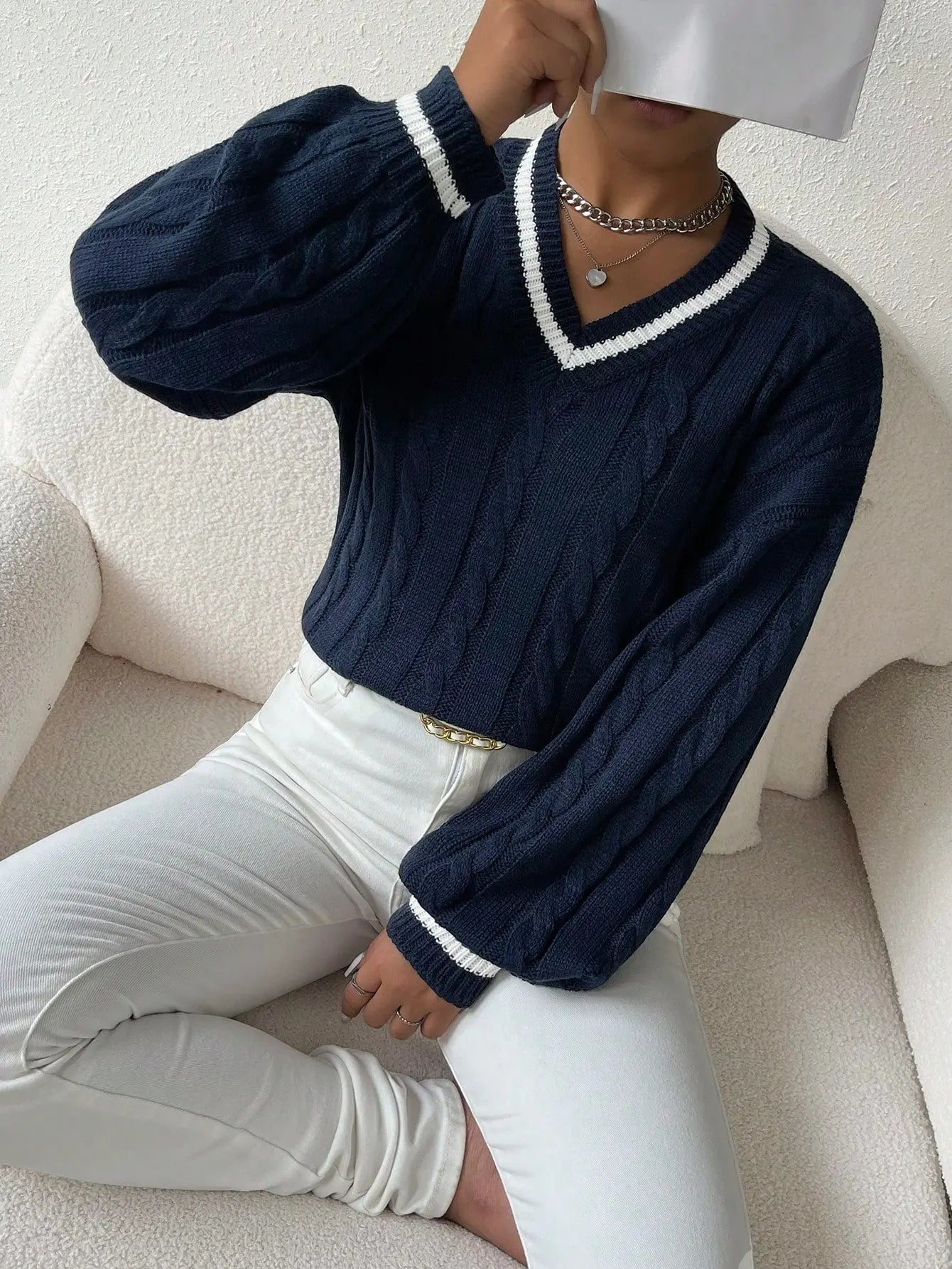 Women's Varsity Cable Sweater – Striped V-Neck Knit Pullover