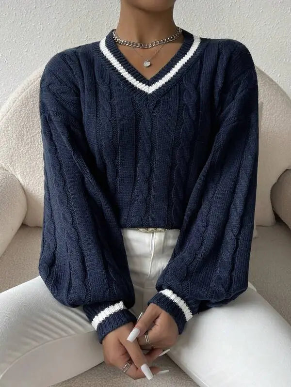Women's Varsity Cable Sweater – Striped V-Neck Knit Pullover