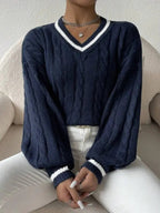 Women's Varsity Cable Sweater – Striped V-Neck Knit Pullover