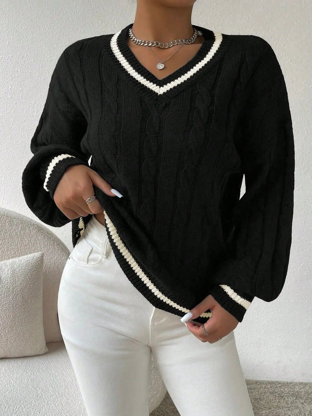 Women's Varsity Cable Sweater – Striped V-Neck Knit Pullover
