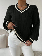Women's Varsity Stripe Sweater – V-Neck Cable Knit Jumper