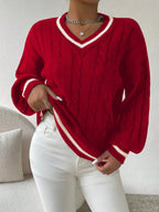Women's Varsity Cable Sweater – Striped V-Neck Knit Pullover