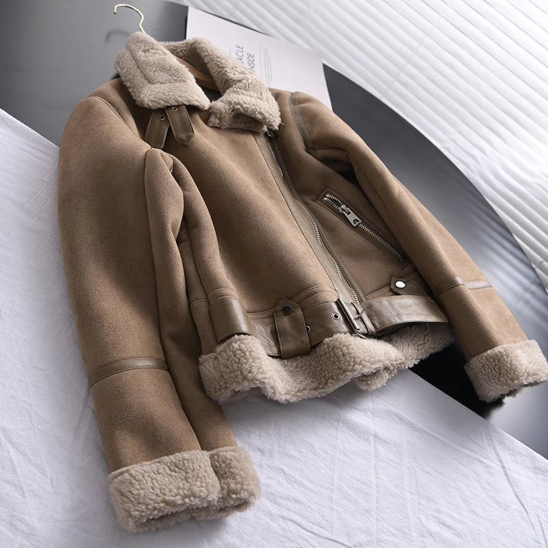 Women's Faux Shearling Jacket – Cropped Winter Aviator Jacket
