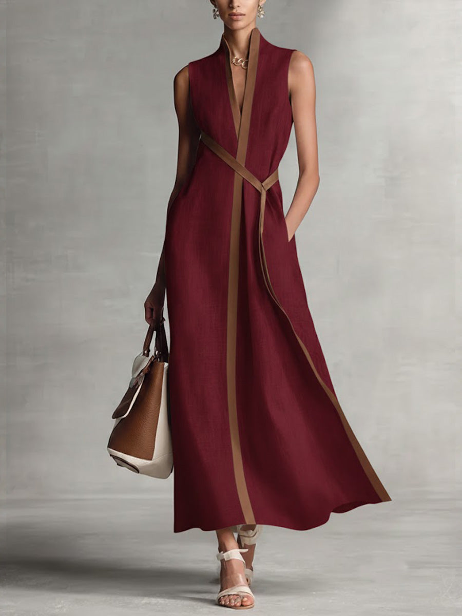 Women's Linen Blend Wrap Dress – Belted Maxi Dress