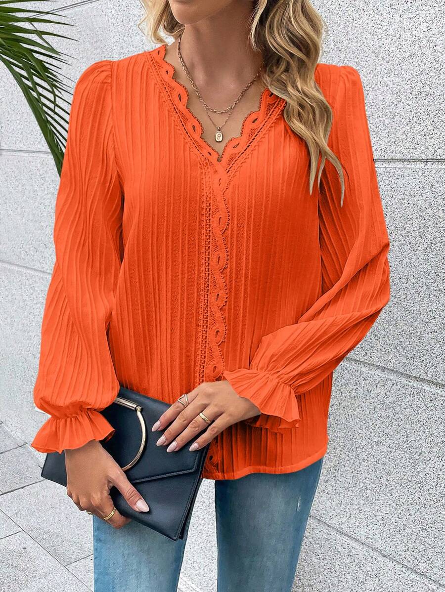 Women's Lace Detail Blouse – Crew Neck Long Sleeve Blouse