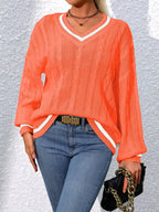 Women's Varsity Cable Sweater – Striped V-Neck Knit Pullover